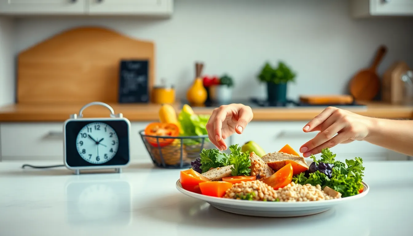 Clock and healthy meal representing intermittent fasting schedule