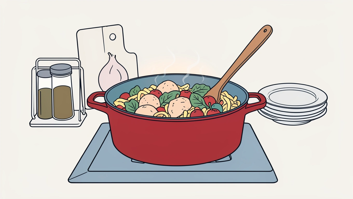 single pot filled with colorful vegetables, grains, and protein simmering on stovetop